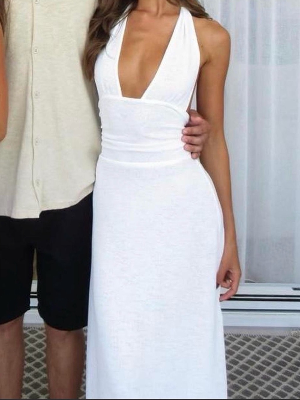 Halter Deep V White Maxi Dress